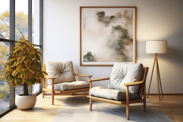Interior of modern living room with armchairs, lamp and plant. Elegant Modern Living room