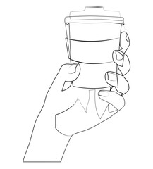 Linear hands hold a coffee cup. Different hand positions.