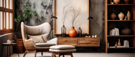 Modern living room interior design with armchair and vase. Elegant Modern Living room - obrazy, fototapety, plakaty