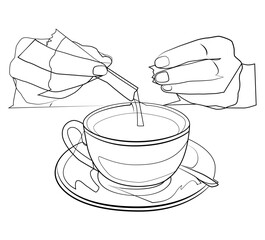 Linear hands hold a coffee cup. Different hand positions.