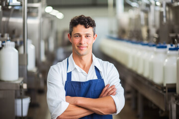 Portrait of male dairy factory worker with milk bottles production line and conveyor belt in background
