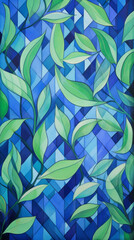 A pattern of blue and green leaves in a checkered pattern