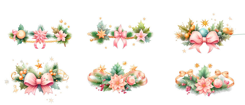set of Christmas elements,gift bows, garland png 3d Isolated on transparent background. Christmas element for greeting card, banner,invitation,flyer,stickers. New Year 