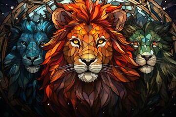 Stained glass window background with colorful Lion abstract.	