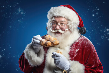 charming Christmas card or poster showcasing Santa Claus in his iconic red suit, offering a plate of dusted pastries against a starlit night sky
