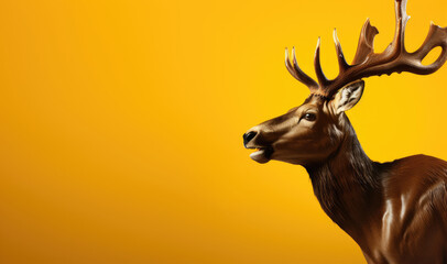vibrant and polished portrait of a reindeer with glossy fur and majestic antlers set against a monochromatic yellow backdrop