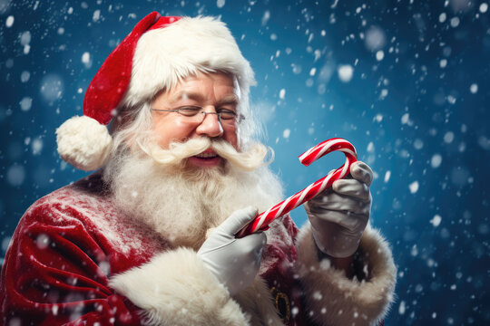 festive Christmas card or poster image featuring a beaming Santa Claus holding a red and white candy cane against a snowy, starlit blue background