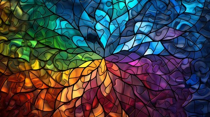Stained glass window background with colorful Jigsaw abstract.	