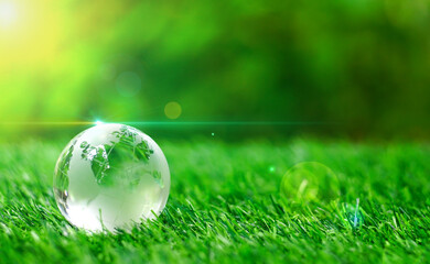Glass earth globe crystal on green grass in the garden of safe world, save the planet concept,...