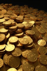 Stacks and huge pile of a lot of golden coins. Concept of rich, abundance, business or finance saving money.