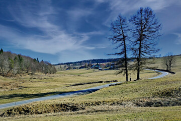 Early spring landscape in Low Beskids (Beskid Niski), Poland - obrazy, fototapety, plakaty