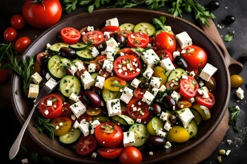 A vibrant Mediterranean salad featuring tomatoes, cucumbers, olives, and feta cheese, drizzled with...