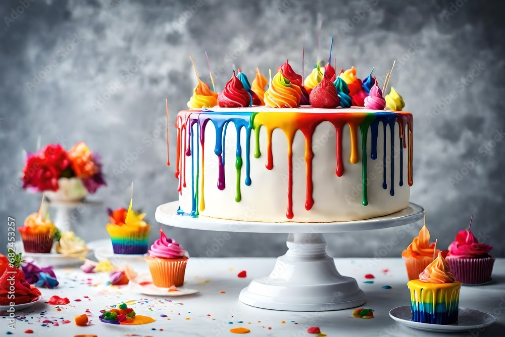 Poster a visually striking image featuring a square cake with vibrant rainbow-colored drips cascading down 