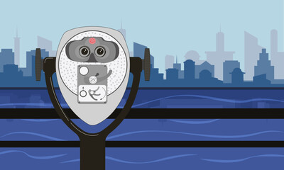 Observation binoculars on the boardwalk in Liberty State Park against the backdrop of a city in the USA
