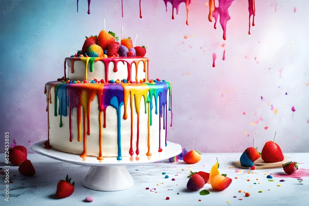 Poster a visually striking image featuring a square cake with vibrant rainbow-colored drips cascading down 