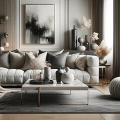 Closeup contemporary living room interior in pastel grey colors with luxurious sofa and plush cushions and vases decor as well as a picture hanging on the wall