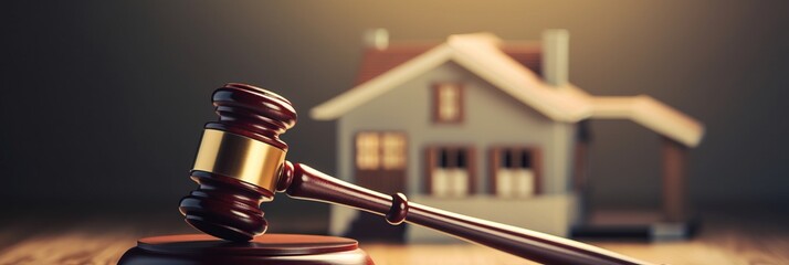 Real estate arbitration law. Gavel and house model. Banner - obrazy, fototapety, plakaty