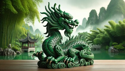 Fototapeta premium Green wooden Chinese dragon sculpture for Chinese new year festive celebration