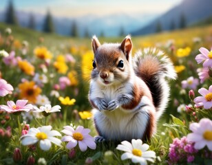 Fairy baby animal squirrel in Alpine mountain flower field
