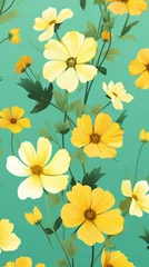 Abwaschbare Fototapete A pattern of bright yellow flowers on a light green background © Textures & Patterns