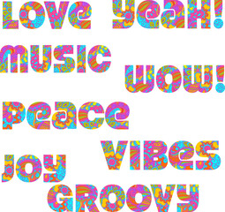 Set of trendy word expressions in 60's hippie style