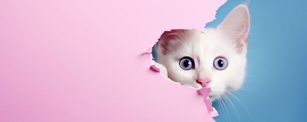 funny white cat looks through ripped hole in pink paper
