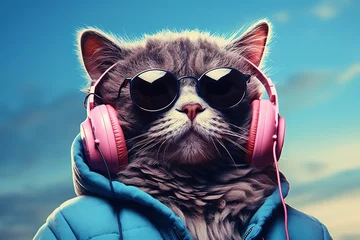 Poster illustration of a fantastic cat head wearing mirrored sunglasses and headphones in a jacket listening to music © DZMITRY