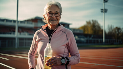 Senior female athlete on track holding drink