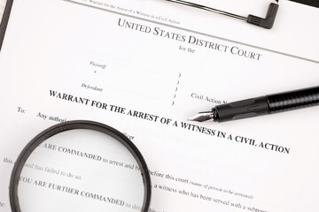 District court warrant for the arrest of a witness in a civil action papers on A4 tablet lies on...