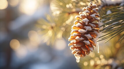 A close-up of a snow-covered pine cone glistening in the winter sun.