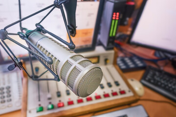 Professional microphone and sound mixer in radio studio