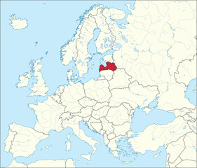Fototapeta premium Red CMYK national map of LATVIA inside detailed beige blank political map of European continent with rivers and lakes on blue background using Mercator projection