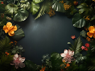 Rich Botanical Flowers on a Textured Dark Background Flat Lay - Lush Leaves and Studio Lighting Effect with Beautiful Floral Petals - Tropical Aesthetic Background with Empty Copy Space at Center