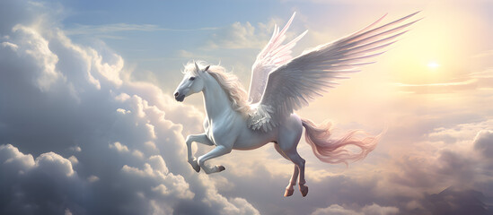 Enchanting Flight: Unicorn Soars Joyfully Over a Fairy-tale Landscape with Spread Wings, Copy Space, Freedom in  sky