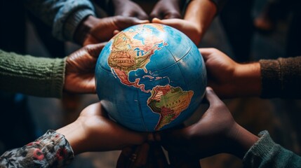 A close-up of different hands holding a globe, symbolizing global unity.