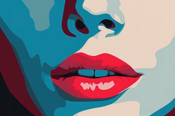 Portrait of a woman with red lips in pop art style made of red and blue primary colors.