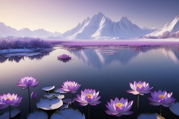 Frozen Serenity: Tranquil Winter Scene with Violet Blooms