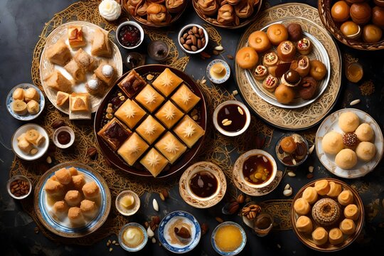 A top-view image capturing the rich diversity of Middle Eastern desserts, particularly during the Ramadan season.
