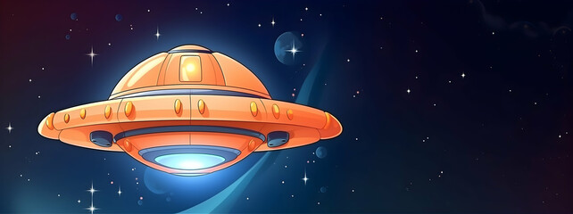 A cute cartoon UFO hovering above a tranquil forest landscape, science fiction day concept