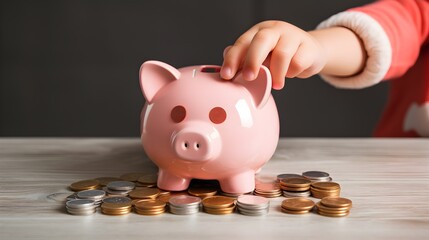 Child putting coins into a pink piggy bank, teaching the concept of saving money at a young age.