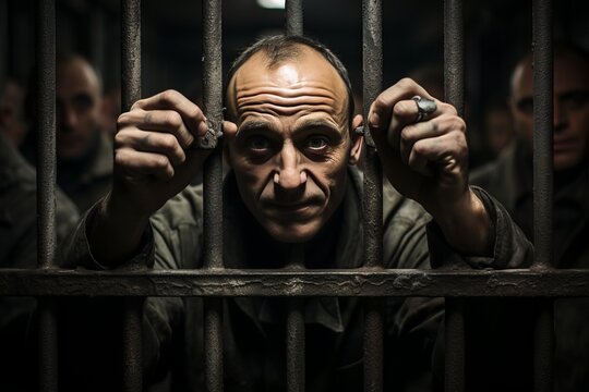A man behind bars in prison. The prisoner looks into the camera