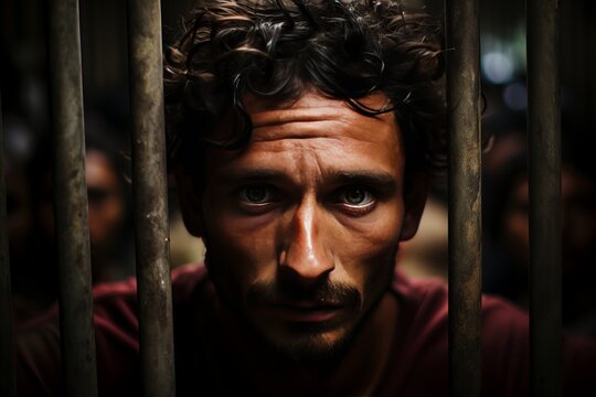 A man behind bars in prison. The prisoner looks into the camera