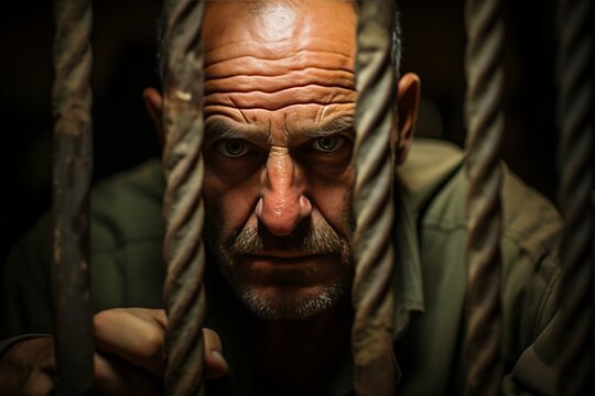 A man behind bars in prison. The prisoner looks into the camera