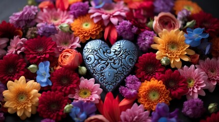 A close-up of a heart-shaped floral arrangement, showcasing intricate patterns and a burst of...