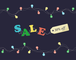 Sale 30% off. Banner with special sale in winter aesthetic -  garland with colourful bulbs