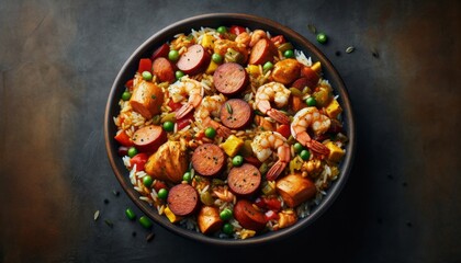 Jambalaya with rice, chicken, sausage, shrimp, and vegetables, a colorful Creole dish.
