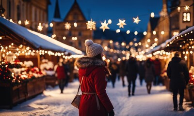 Obraz premium Girl walking in Christmas market decorated with holiday lights in the evening. Feeling happy in big city. Spending winter vacations in festive town. Back view. Winter holidays