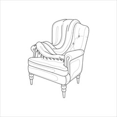 An armchair and a blanket on it. Sketch. Black and white vector illustration.