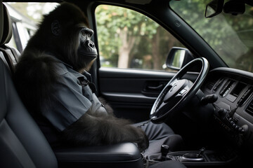 Portrait of humanized gorilla working as a taxi driver. - obrazy, fototapety, plakaty