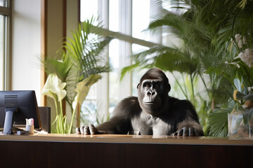 Portrait of humanized gorilla working as a receptionist in hotel.